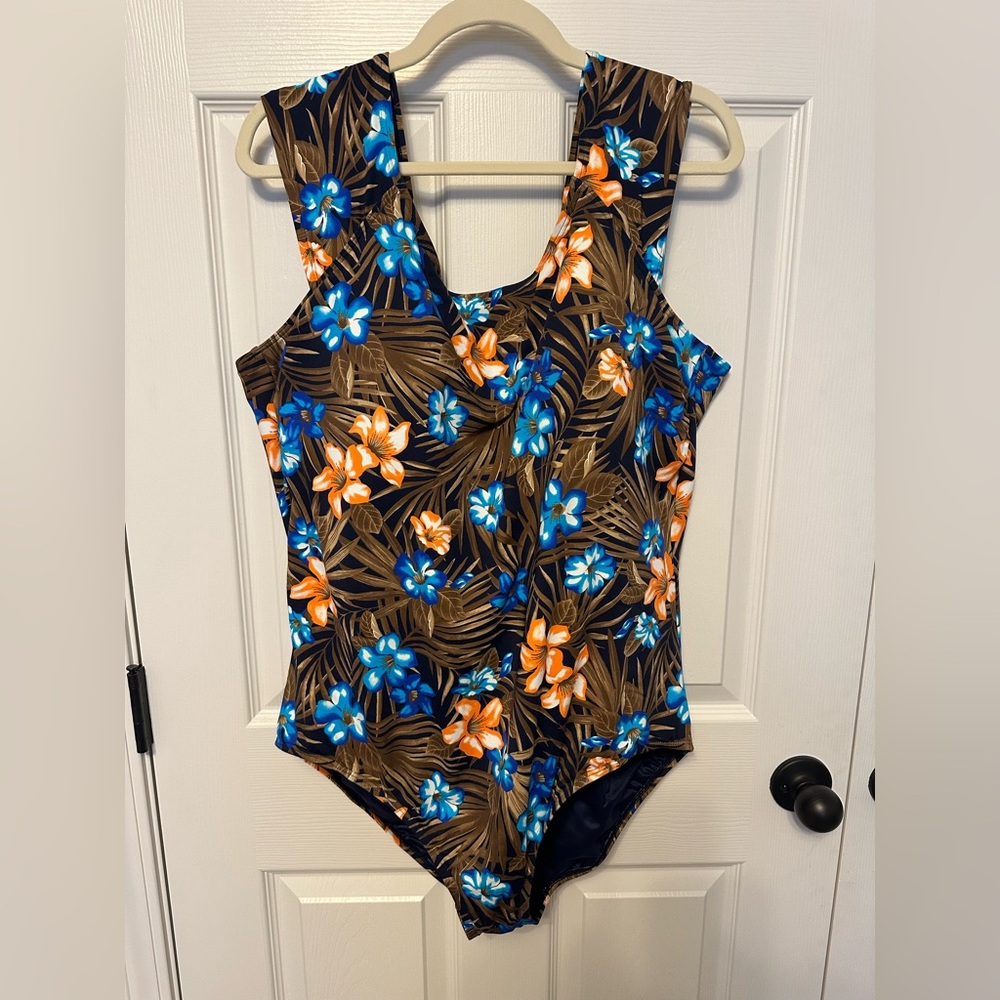 Lands' End Blue and Orange Floral One-Piece Swimsuit